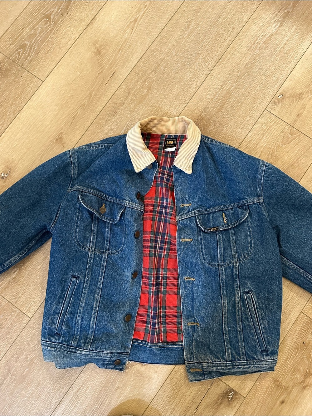 Vintage 80s Lee Jacket with Cream Cord Collar and Red Plaid Lining